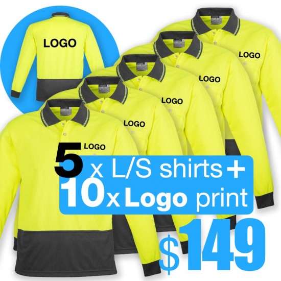 5 Pack Basic Hi Vis Polo L/S with 2 Logos Printing